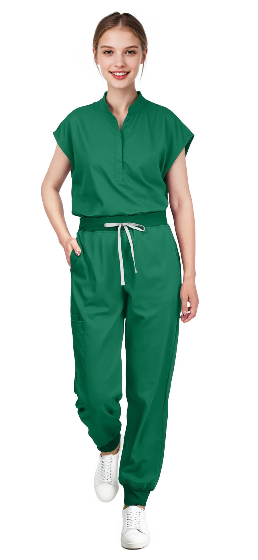 Scrubs for Women Set - Sleeveless Stand-Up Collar Scrub Top and Tapered Jogger Pants, 8-Pocket Work Uniform