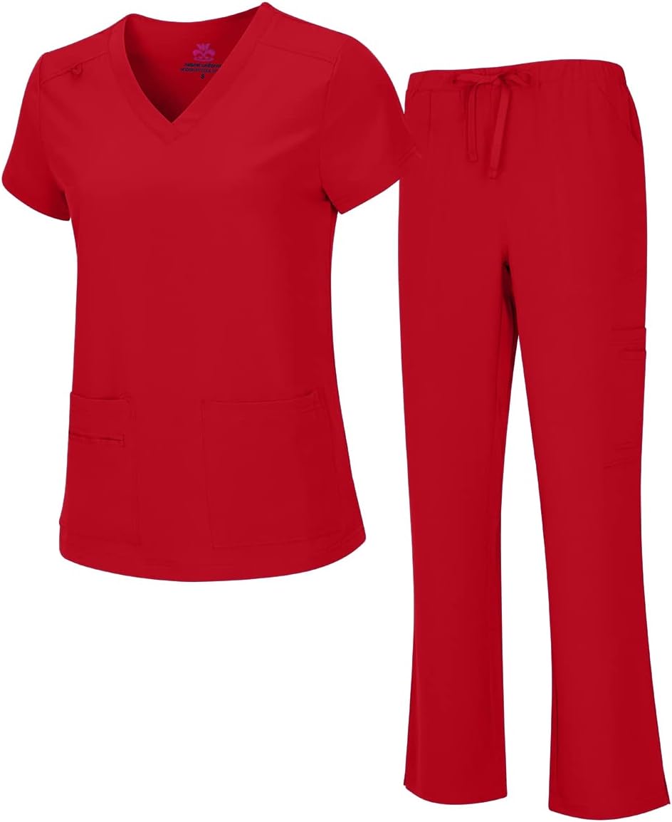 Natural Uniforms Women's Cool Stretch V-Neck Top and Cargo Pant Scrub Set with Regular and Petite Sizes