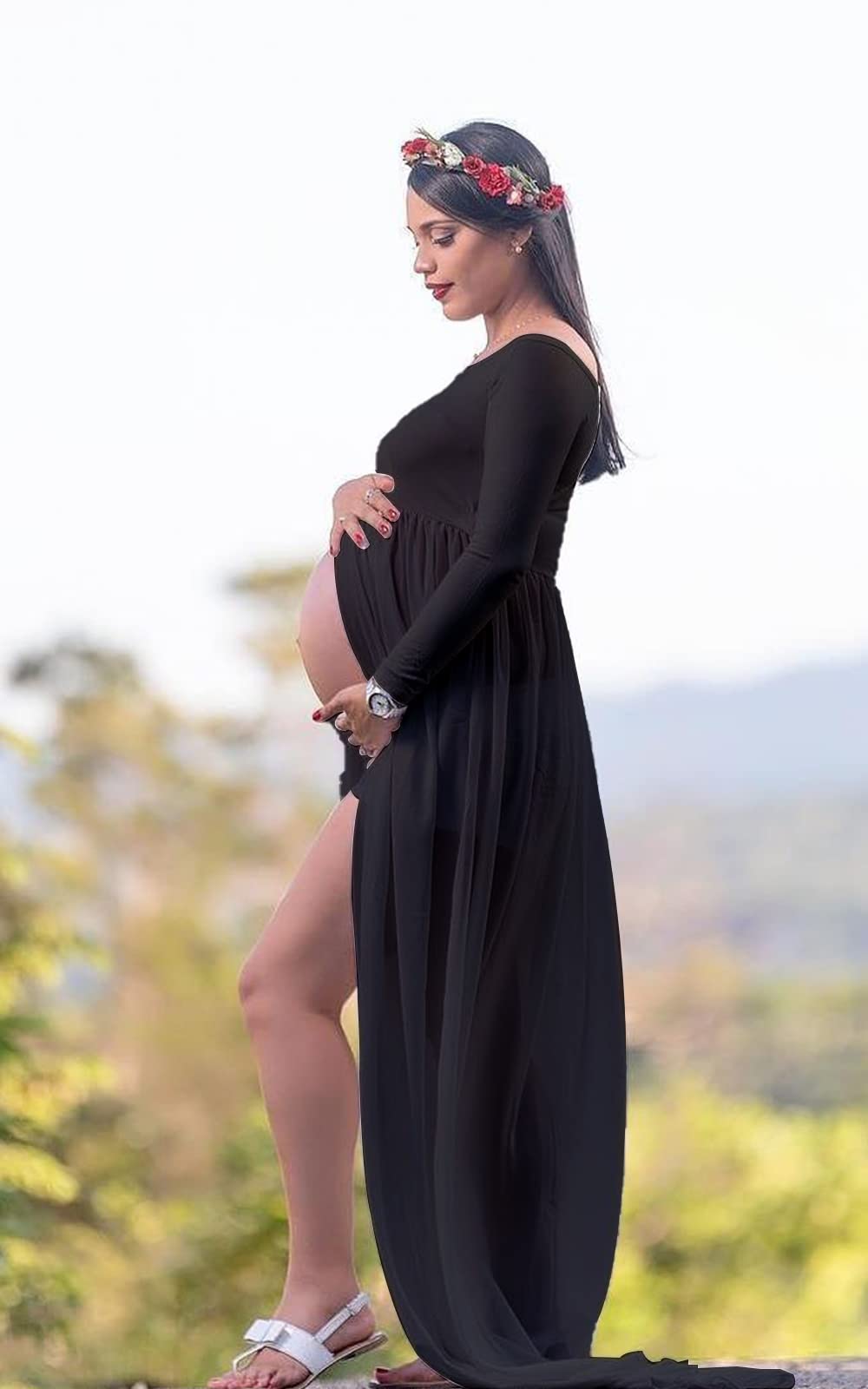 Mommy Jennie Maternity Dress Off Shoulder Long Sleeve Split Front Chiffon Gown for Photoshoot