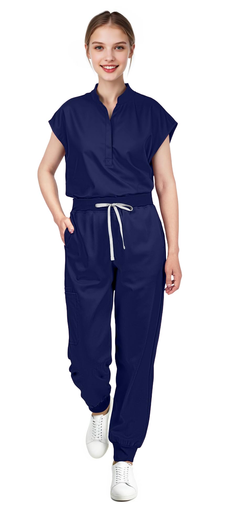 Scrubs for Women Set - Sleeveless Stand-Up Collar Scrub Top and Tapered Jogger Pants, 8-Pocket Work Uniform