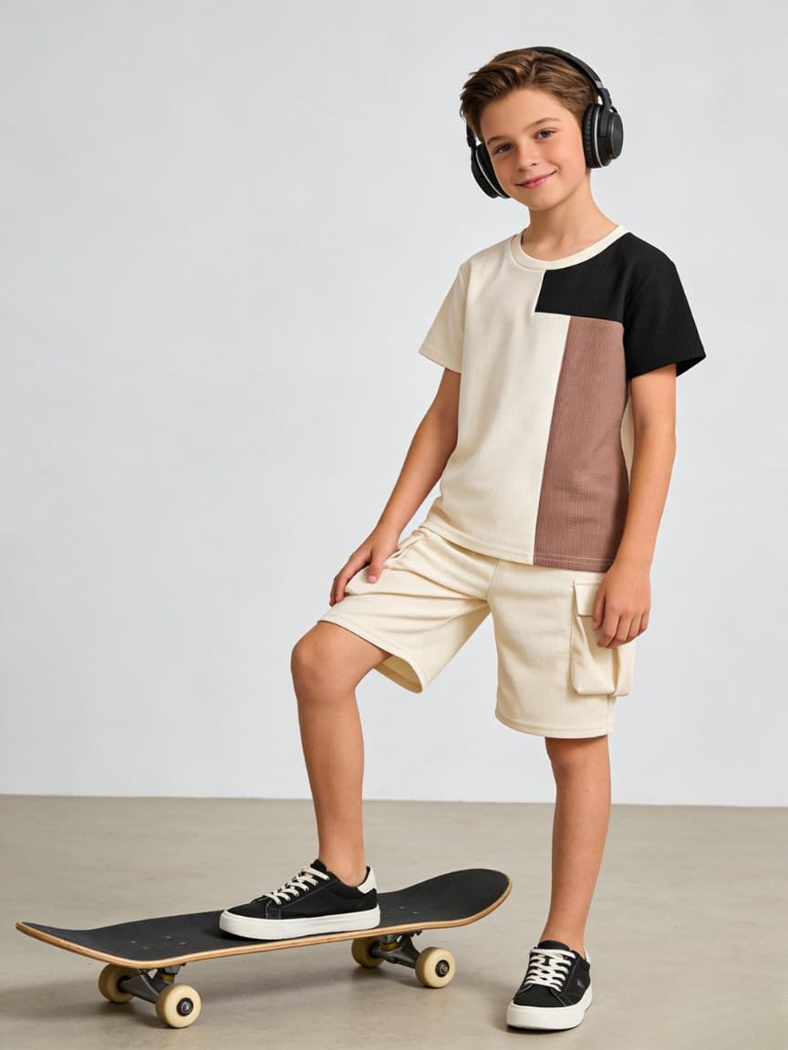 Azmxynol Tween Boys Clothes Daily Casual Short Sleeve Top + Cargo Shorts 2 Pieces Outfit Set, Size 6-14 Years