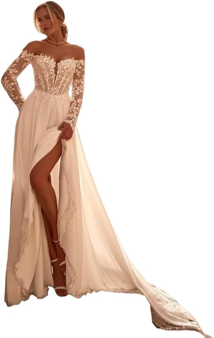 Boho Wedding Dress for Bride Mermaid Lace Applique Beach Bridal Gowns BOFD5