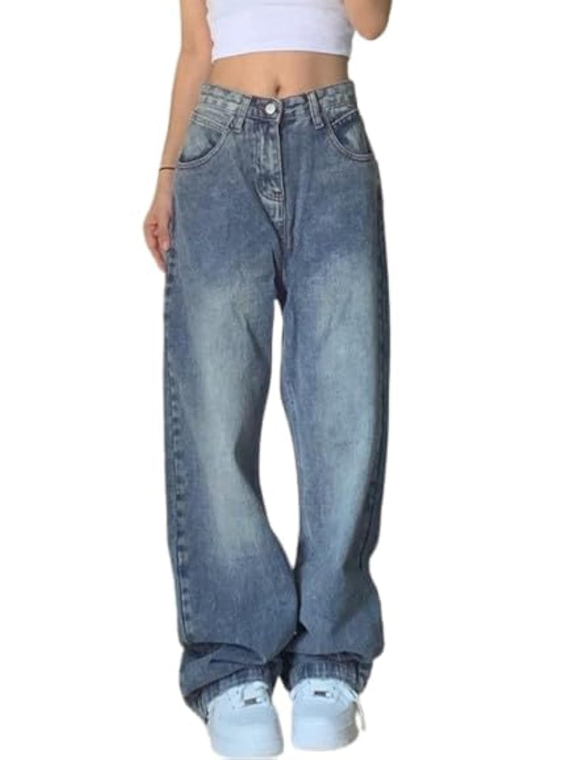 EMMIOL Women Baggy Jeans Mid-Low Waist Boyfriend Streetwear Vintage Jeans Wide Leg Denim Pants