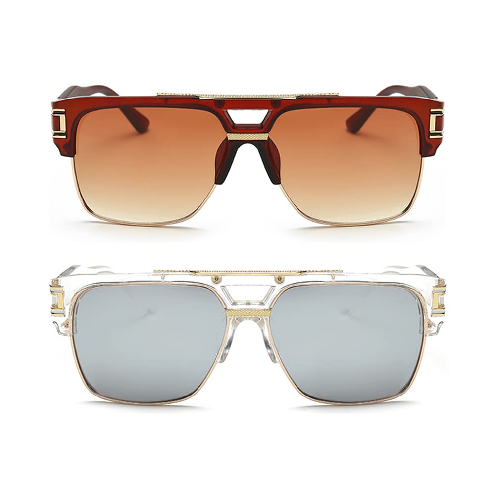 Dollger Square Sunglasses for Men Classic Oversized Sun Glasses Retro Semi Rimless Gold Alloy Frame UV400