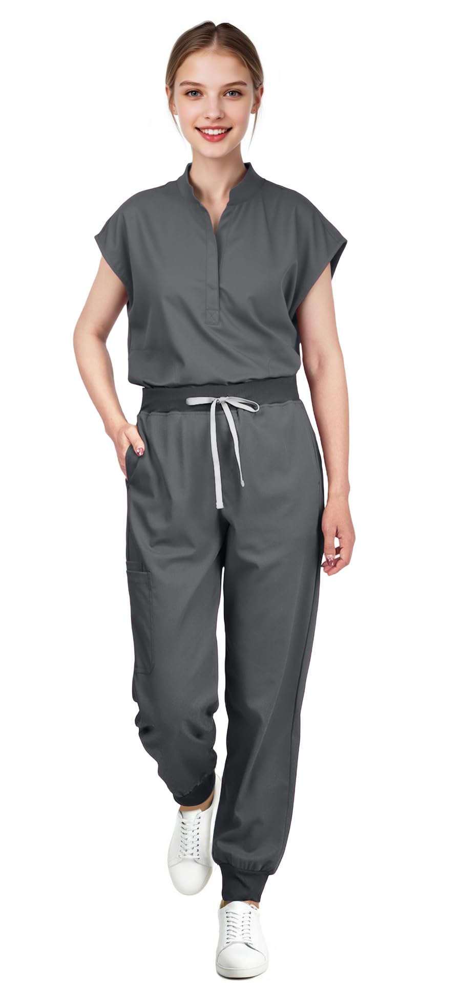 Scrubs for Women Set - Sleeveless Stand-Up Collar Scrub Top and Tapered Jogger Pants, 8-Pocket Work Uniform