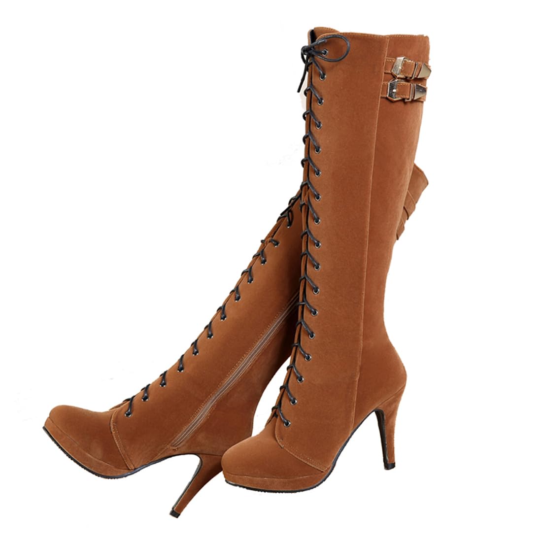 getmorebeauty Womens Knee High Boots Suede Buckle Rock Lace Up Zipped Thigh High Heel Boots