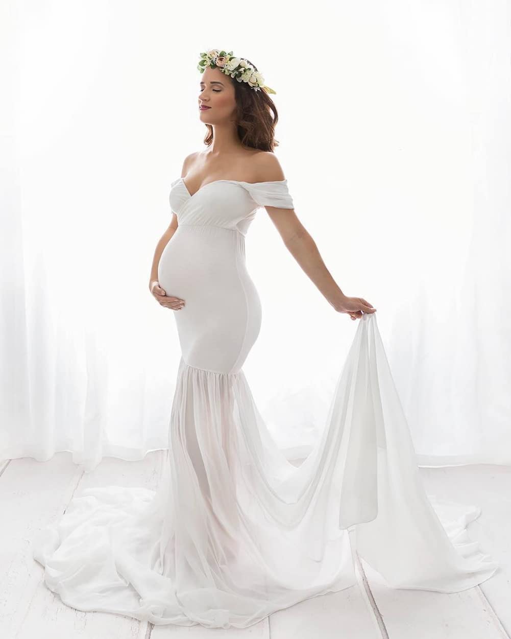 ZIUMUDY Maternity Chiffon Mermaid Gown Off Shoulder Dropped Sleeve Fitted Photo Shoot Photography Dress
