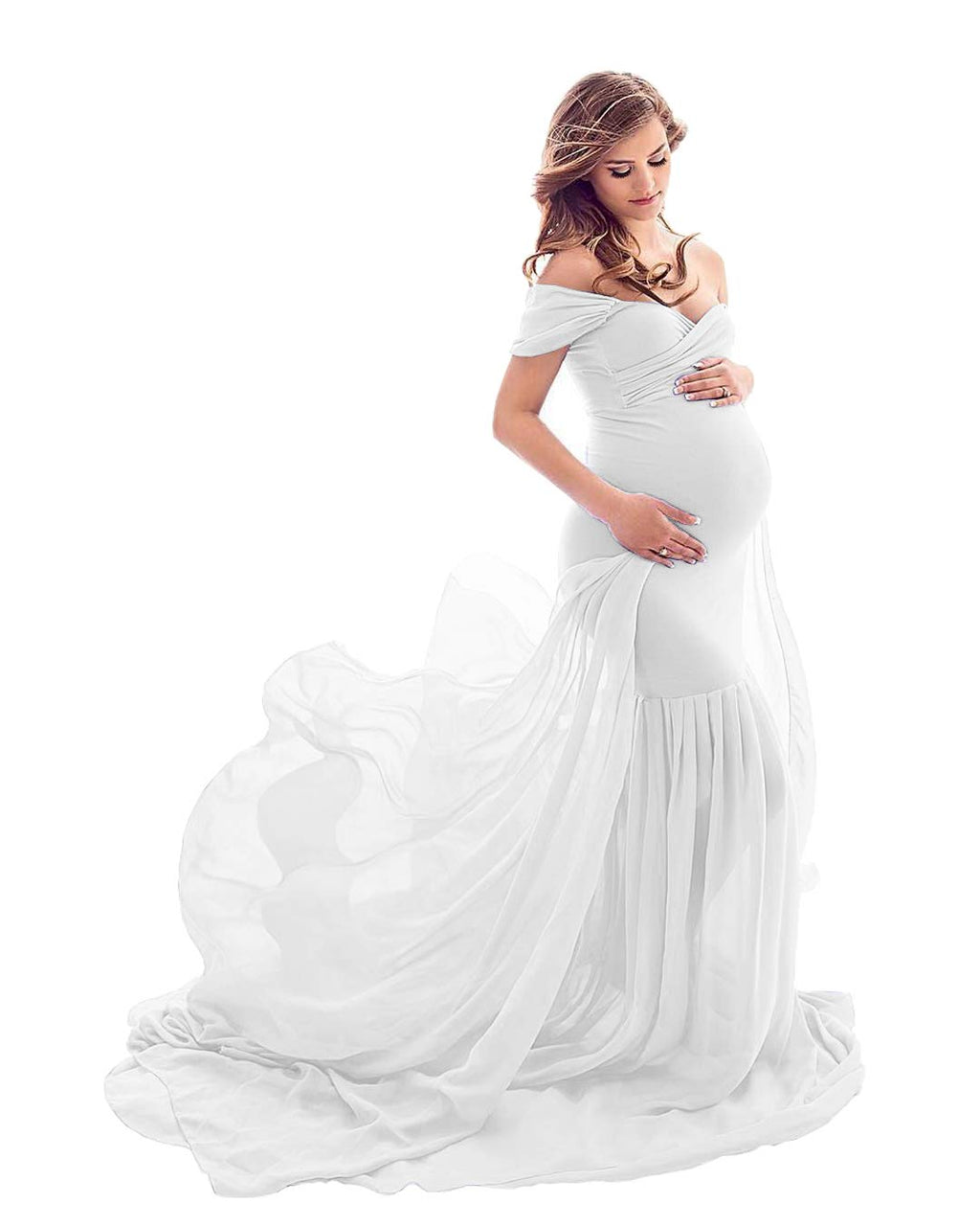 ZIUMUDY Maternity Chiffon Mermaid Gown Off Shoulder Dropped Sleeve Fitted Photo Shoot Photography Dress