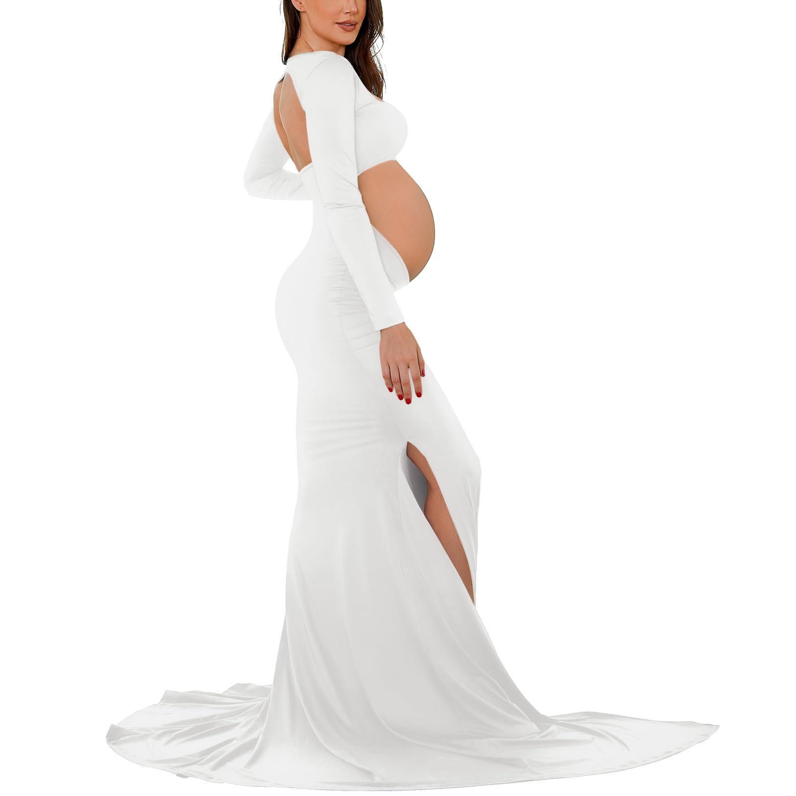 Bhome Maternity Dress for Photoshoot Cut-Out Backless Side Split Maternity Maxi Gown for Photoshoot