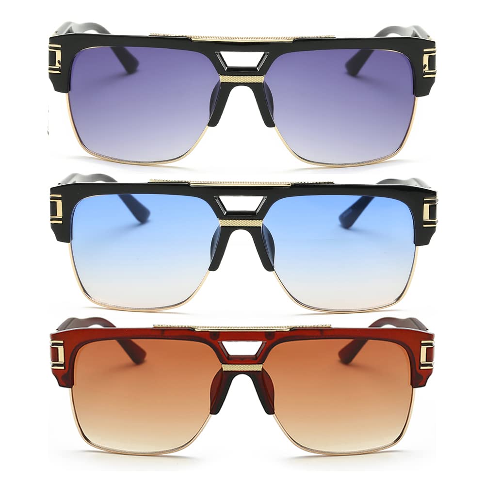 Dollger Square Sunglasses for Men Classic Oversized Sun Glasses Retro Semi Rimless Gold Alloy Frame UV400