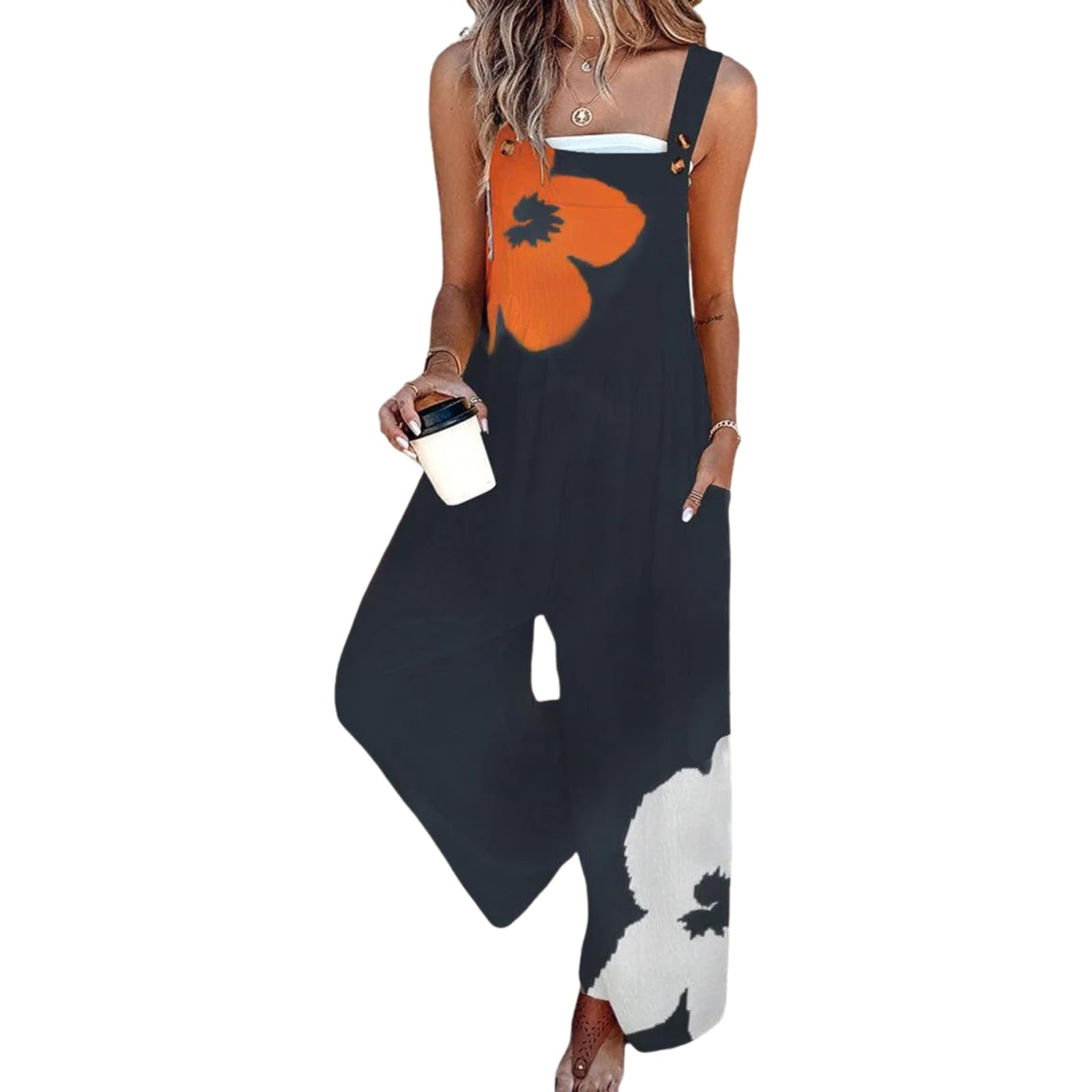 Women's Jumpsuits 2026 Summer Floral Overalls One Piece Outfits Sleeveless Wide Leg Pants Rompers with Pockets