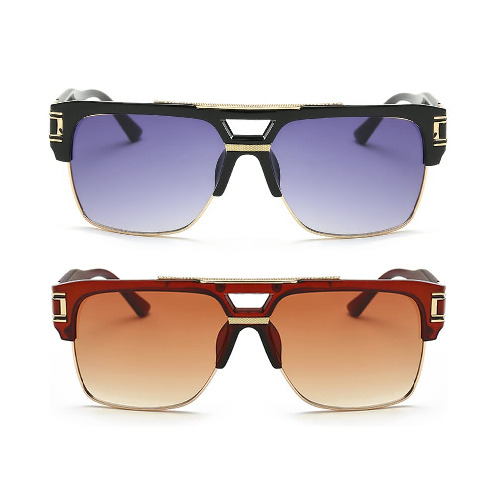 Dollger Square Sunglasses for Men Classic Oversized Sun Glasses Retro Semi Rimless Gold Alloy Frame UV400