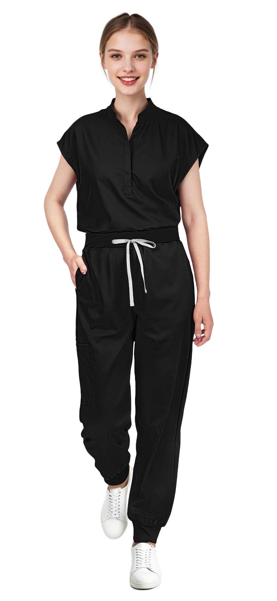 Scrubs for Women Set - Sleeveless Stand-Up Collar Scrub Top and Tapered Jogger Pants, 8-Pocket Work Uniform