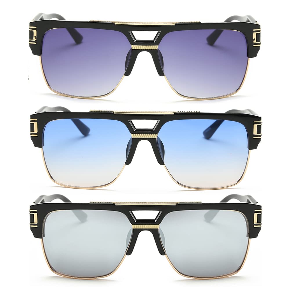 Dollger Square Sunglasses for Men Classic Oversized Sun Glasses Retro Semi Rimless Gold Alloy Frame UV400