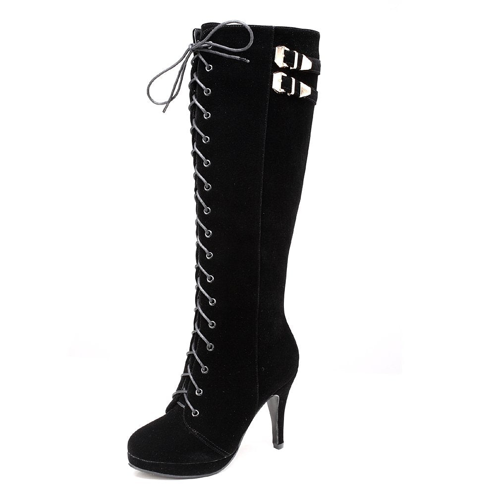 getmorebeauty Womens Knee High Boots Suede Buckle Rock Lace Up Zipped Thigh High Heel Boots