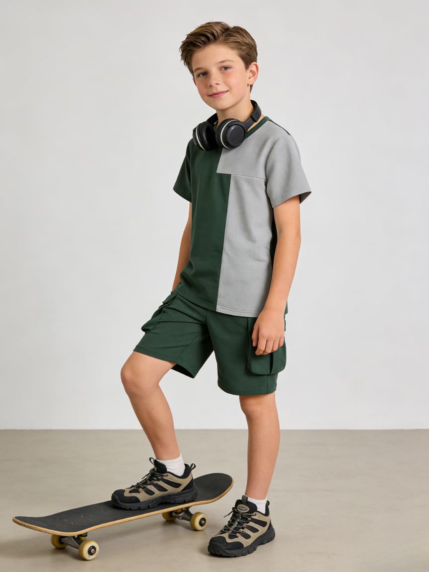 Azmxynol Tween Boys Clothes Daily Casual Short Sleeve Top + Cargo Shorts 2 Pieces Outfit Set, Size 6-14 Years