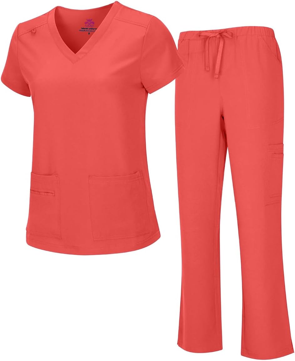 Natural Uniforms Women's Cool Stretch V-Neck Top and Cargo Pant Scrub Set with Regular and Petite Sizes