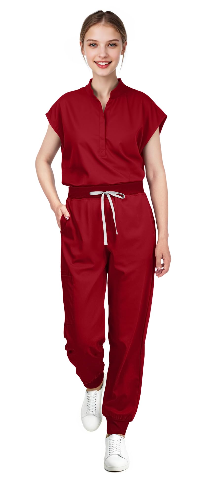 Scrubs for Women Set - Sleeveless Stand-Up Collar Scrub Top and Tapered Jogger Pants, 8-Pocket Work Uniform