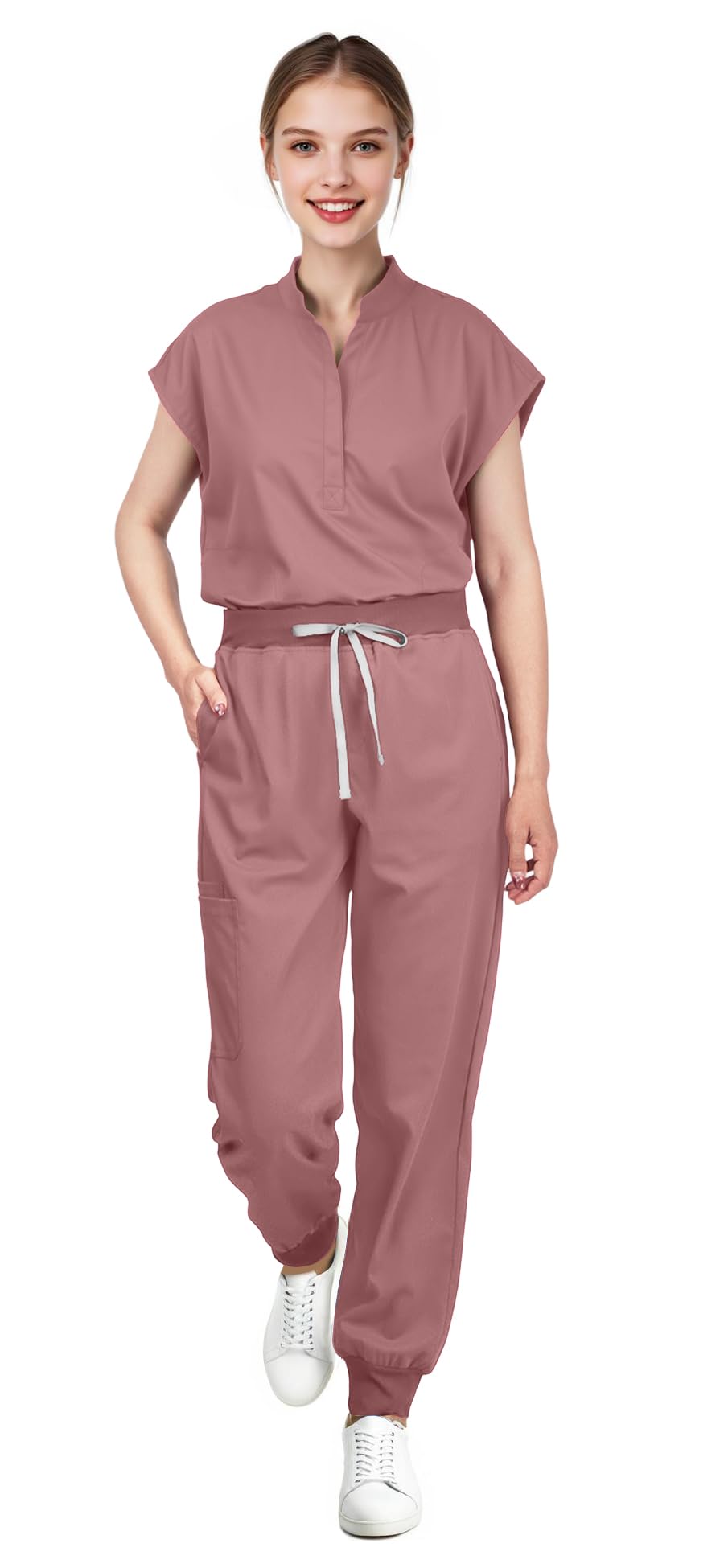 Scrubs for Women Set - Sleeveless Stand-Up Collar Scrub Top and Tapered Jogger Pants, 8-Pocket Work Uniform