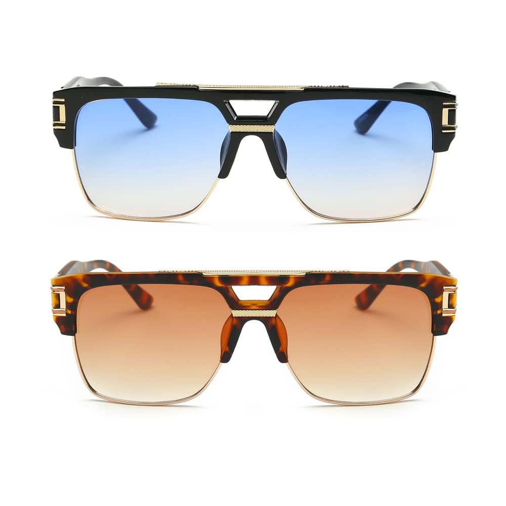 Dollger Square Sunglasses for Men Classic Oversized Sun Glasses Retro Semi Rimless Gold Alloy Frame UV400