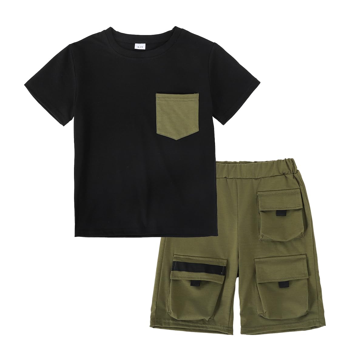 Azmxynol Tween Boys Clothes Daily Casual Short Sleeve Top + Cargo Shorts 2 Pieces Outfit Set, Size 6-14 Years