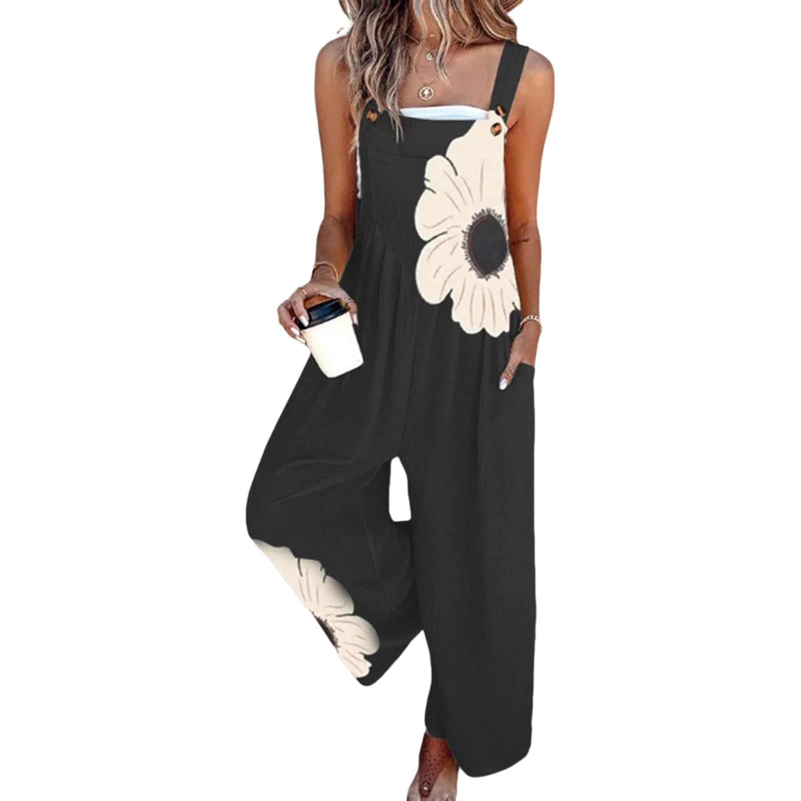 Women's Jumpsuits 2026 Summer Floral Overalls One Piece Outfits Sleeveless Wide Leg Pants Rompers with Pockets