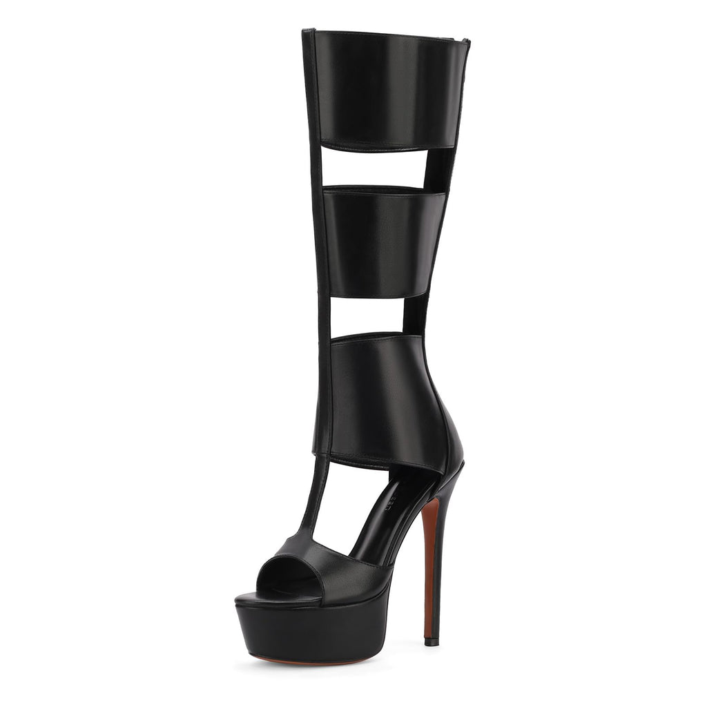 FancyQueen Platform Knee High Sandals for Women, Gladiator Open Toe Summer Booties Black Heels Sandal Boots, Sexy Style Casual for Party