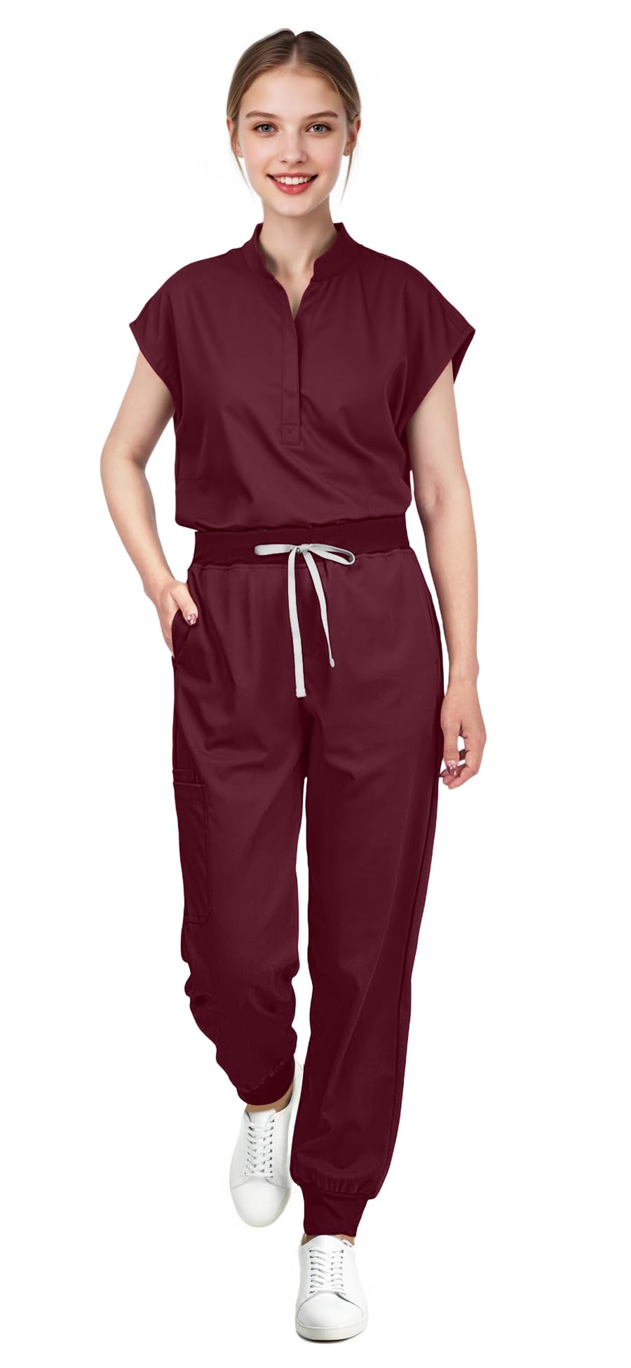 Scrubs for Women Set - Sleeveless Stand-Up Collar Scrub Top and Tapered Jogger Pants, 8-Pocket Work Uniform