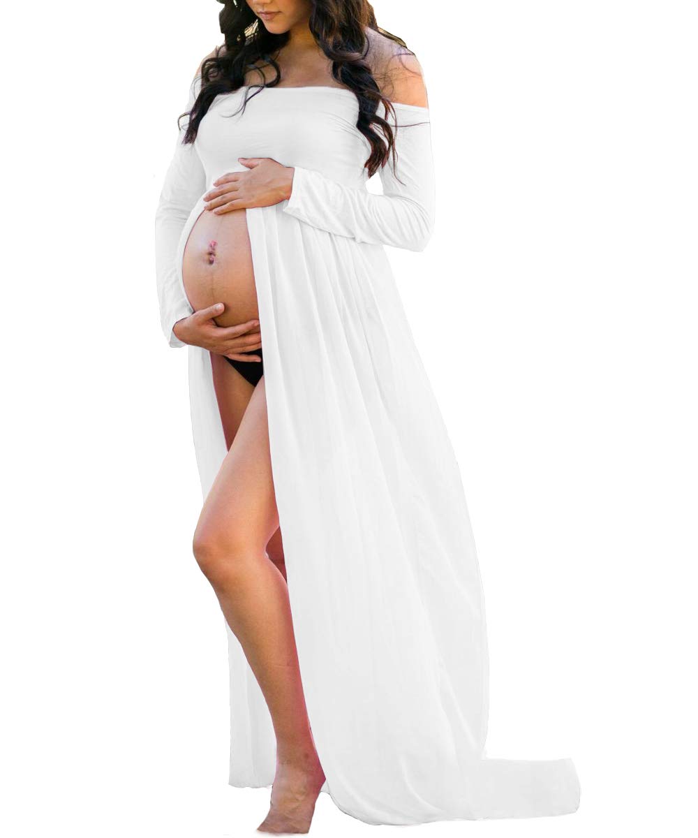 Mommy Jennie Maternity Dress Off Shoulder Long Sleeve Split Front Chiffon Gown for Photoshoot