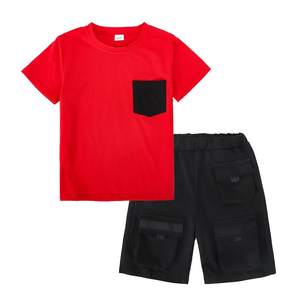 Azmxynol Tween Boys Clothes Daily Casual Short Sleeve Top + Cargo Shorts 2 Pieces Outfit Set, Size 6-14 Years