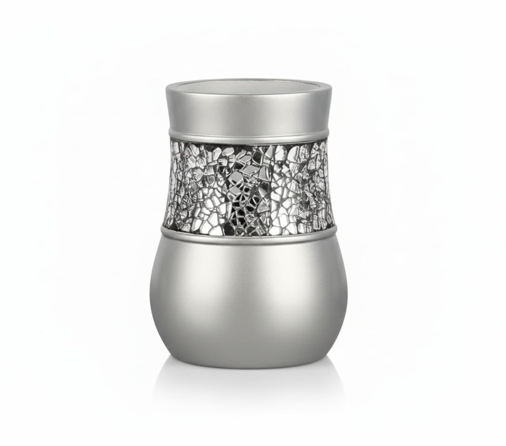 Creative Scents Crackled Glass Silver Bathroom Accessory Set – 4-Piece Vanity Set Includes: Lotion Soap Dispenser, Toothbrush Holder, Tumbler, and Soap Dish
