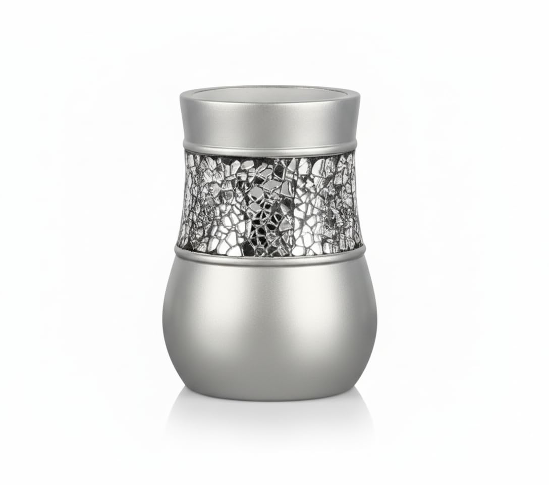 Creative Scents Crackled Glass Silver Bathroom Accessory Set – 4-Piece Vanity Set Includes: Lotion Soap Dispenser, Toothbrush Holder, Tumbler, and Soap Dish