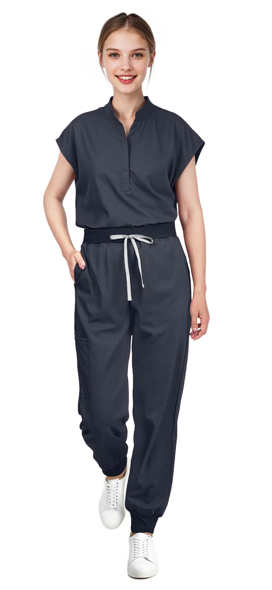 Scrubs for Women Set - Sleeveless Stand-Up Collar Scrub Top and Tapered Jogger Pants, 8-Pocket Work Uniform