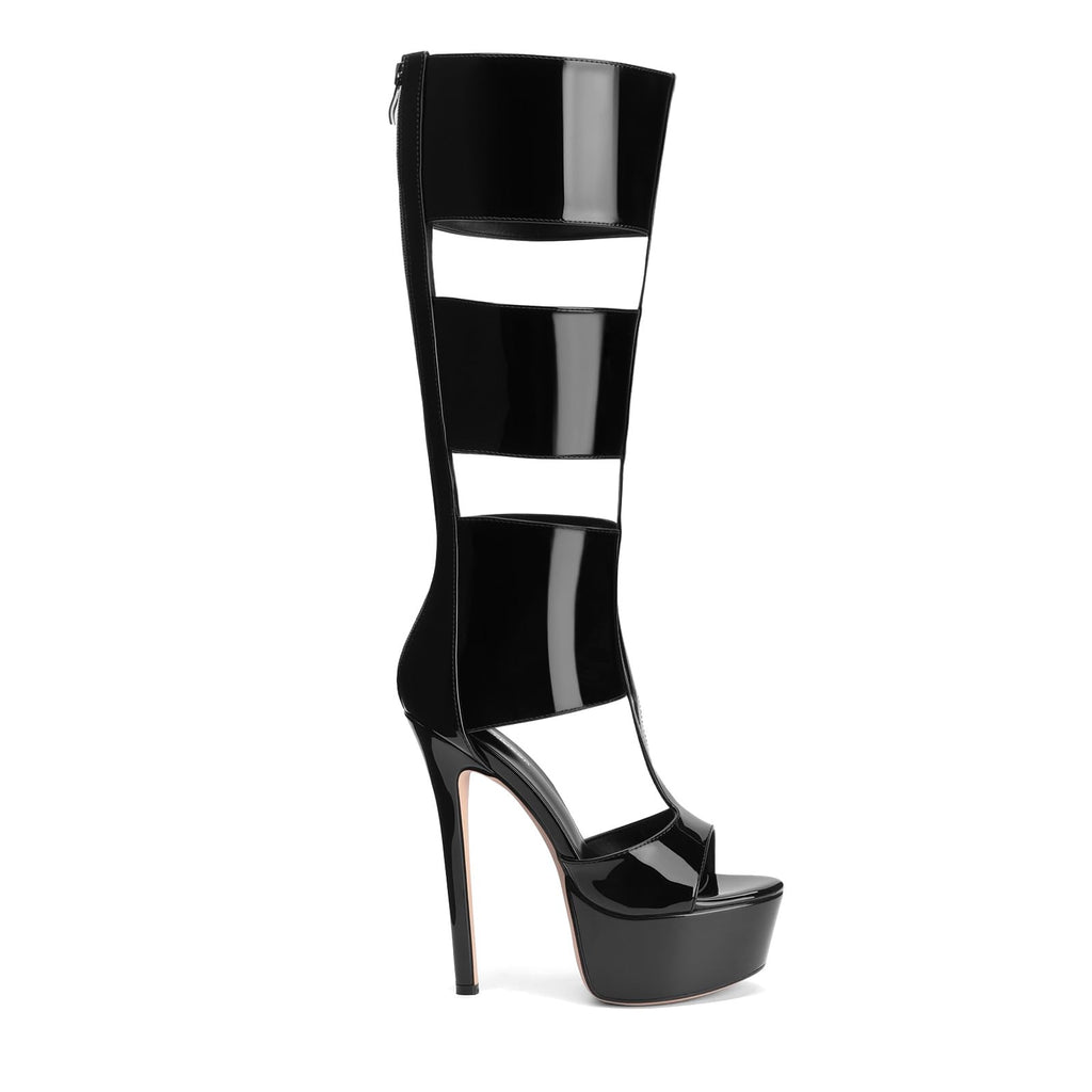 FancyQueen Platform Knee High Sandals for Women, Gladiator Open Toe Summer Booties Black Heels Sandal Boots, Sexy Style Casual for Party