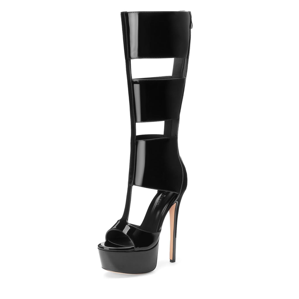 FancyQueen Platform Knee High Sandals for Women, Gladiator Open Toe Summer Booties Black Heels Sandal Boots, Sexy Style Casual for Party