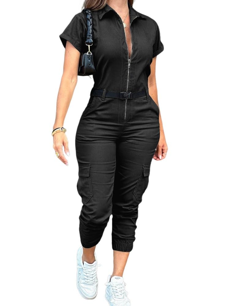 CHICME Women's Short Sleeve Jumpsuit Turn Down Collar Casual Zip Up Jumpsuits Pocket Design Cargo Romper