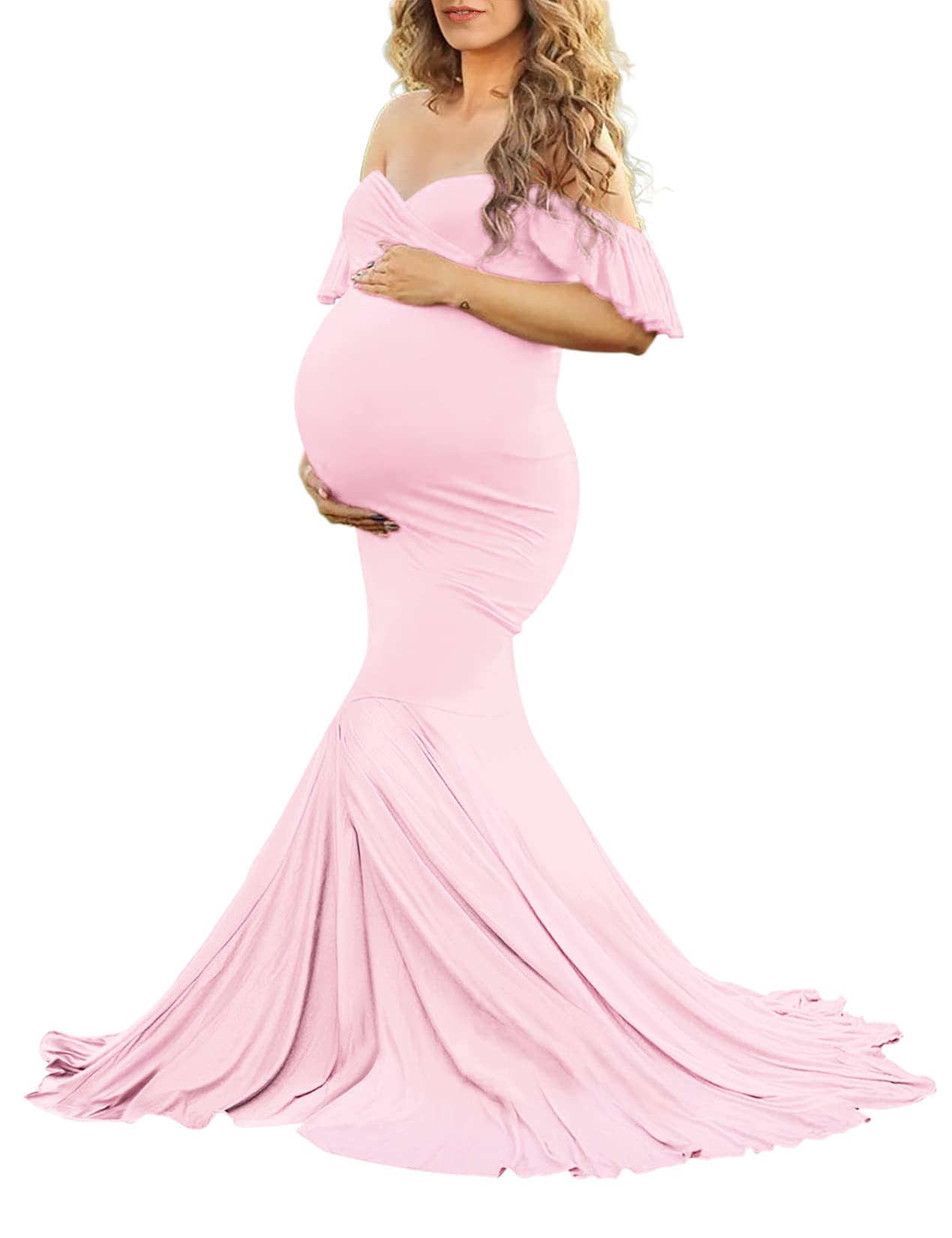 Saslax Off Shoulder Ruffle Sleeves Elegant Fitted Maxi Maternity Dress for Photoshoot Baby Shower