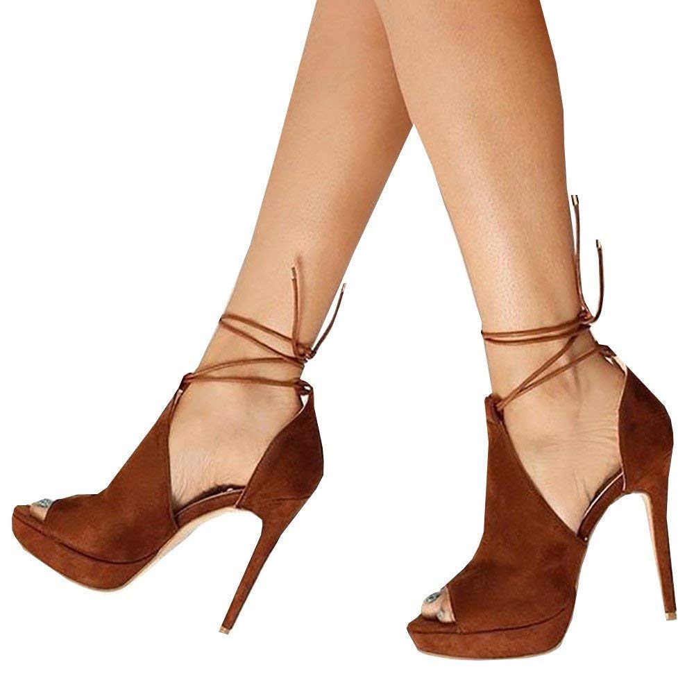 Womens Peep Toe Platform Heels Sexy Sandals Strappy Lace Up Tie Stilettos Dress Pumps Shoes