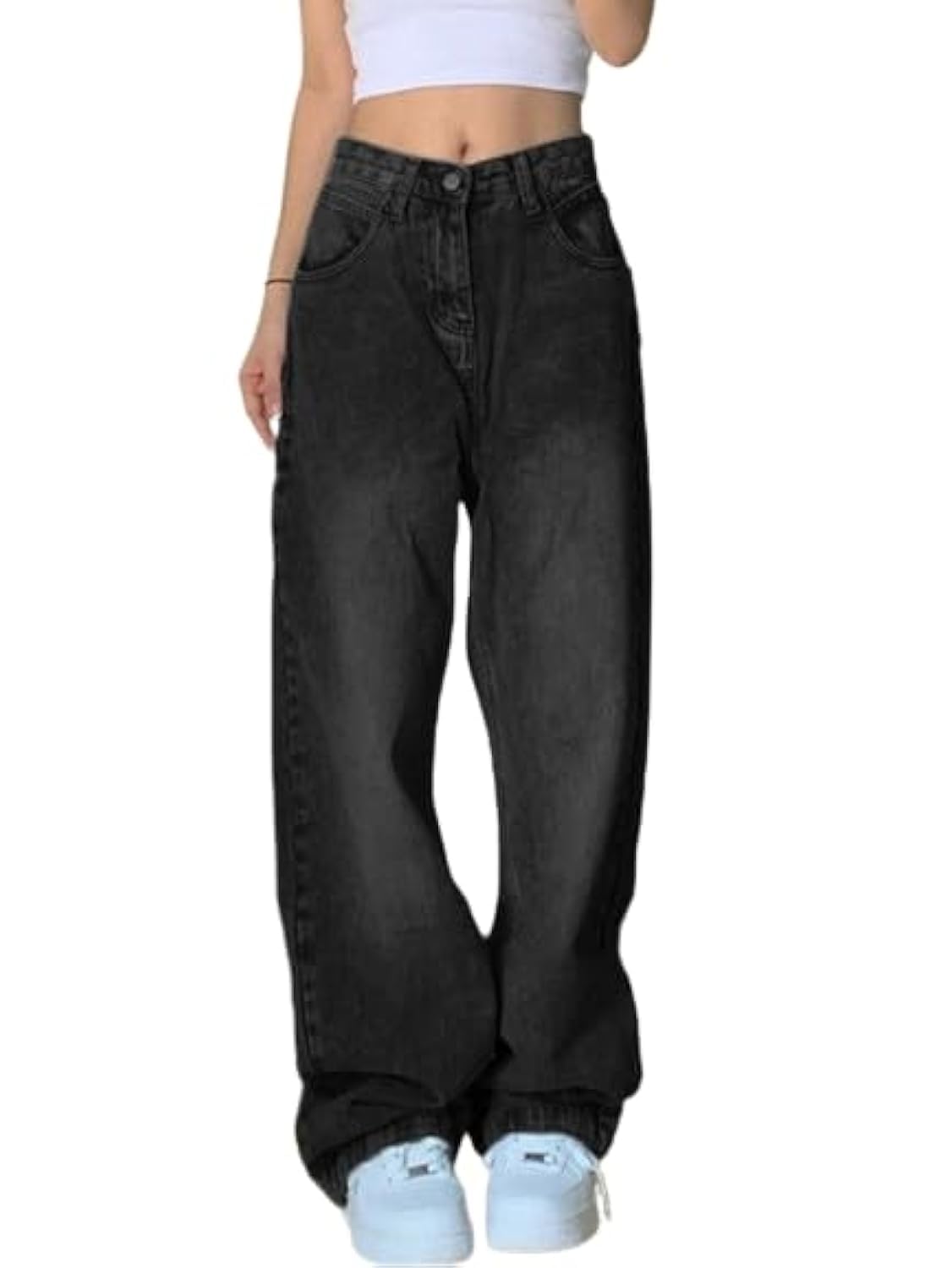 EMMIOL Women Baggy Jeans Mid-Low Waist Boyfriend Streetwear Vintage Jeans Wide Leg Denim Pants