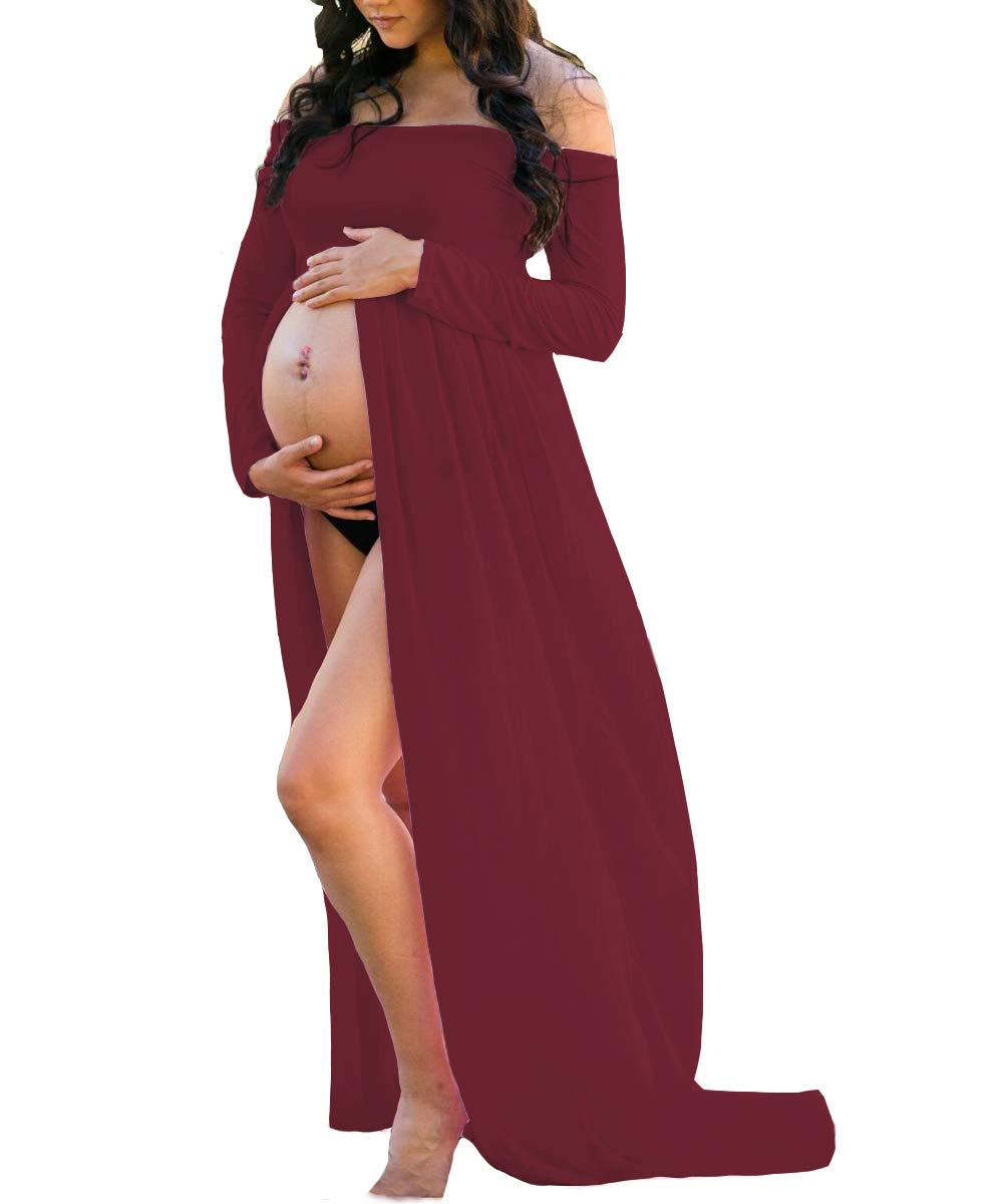 Mommy Jennie Maternity Dress Off Shoulder Long Sleeve Split Front Chiffon Gown for Photoshoot