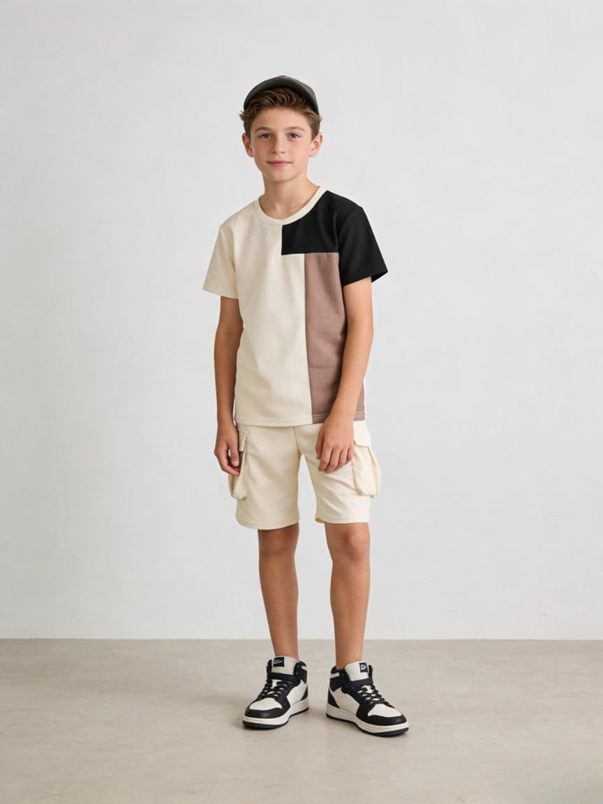 Azmxynol Tween Boys Clothes Daily Casual Short Sleeve Top + Cargo Shorts 2 Pieces Outfit Set, Size 6-14 Years