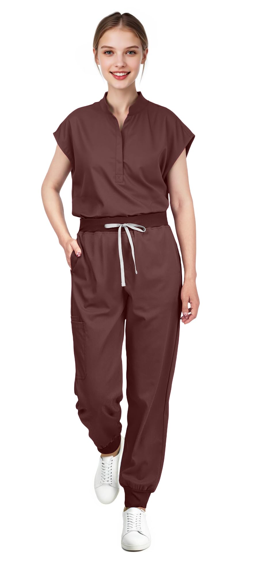 Scrubs for Women Set - Sleeveless Stand-Up Collar Scrub Top and Tapered Jogger Pants, 8-Pocket Work Uniform
