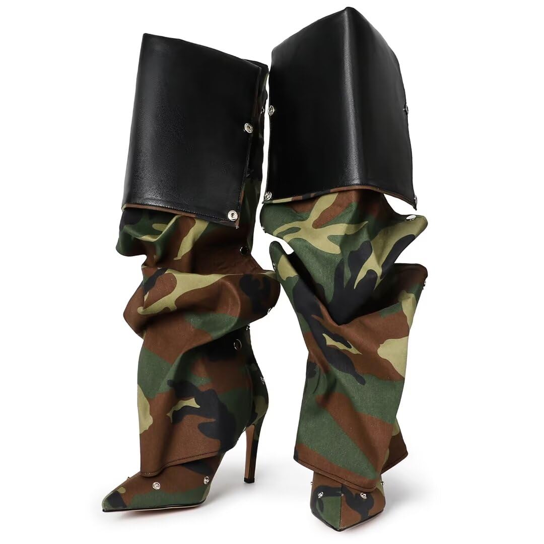 Women's Knee High Shark Boots Pointed Toe High Heels Ruched Stiletto Slouchy Party Boots Detachable Snap-off Panel