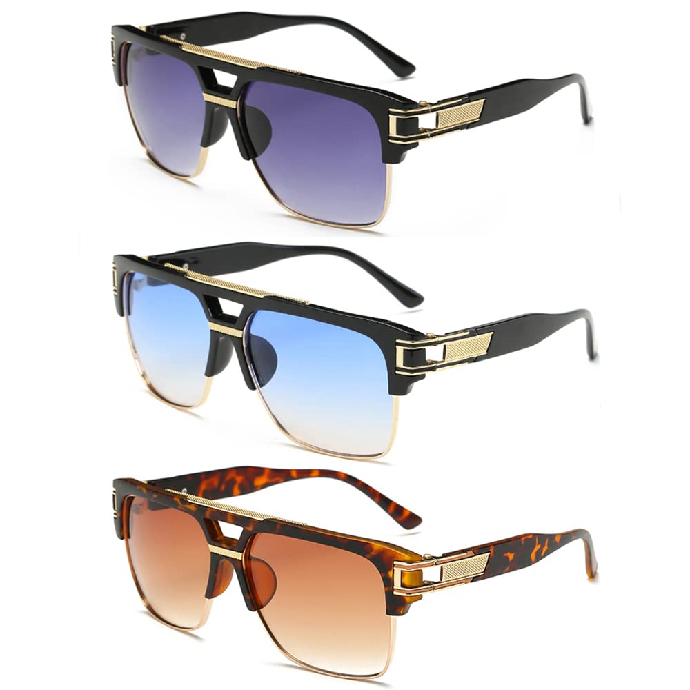 Dollger Square Sunglasses for Men Classic Oversized Sun Glasses Retro Semi Rimless Gold Alloy Frame UV400