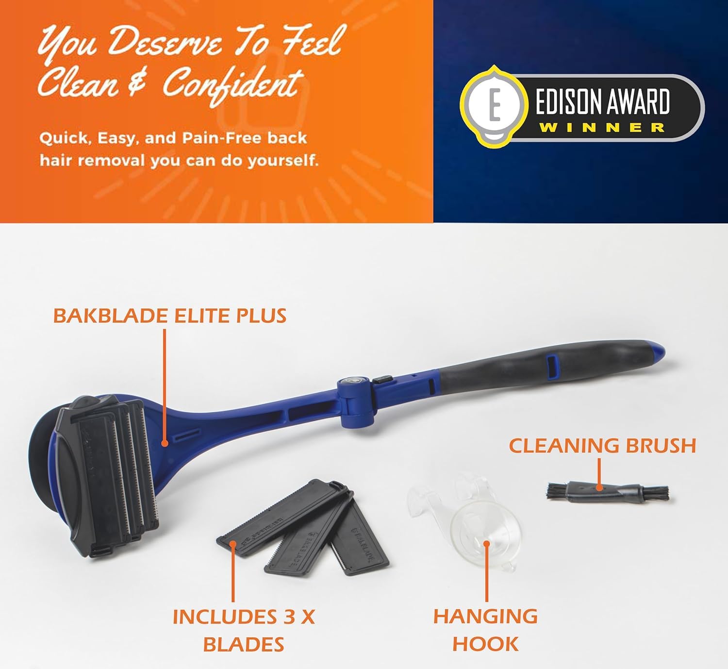 baKblade 2.0 PLUS - Back Shaver for Men (DIY), Ergonomic Handle, Shave Wet or Dry (Extra Blades Included)