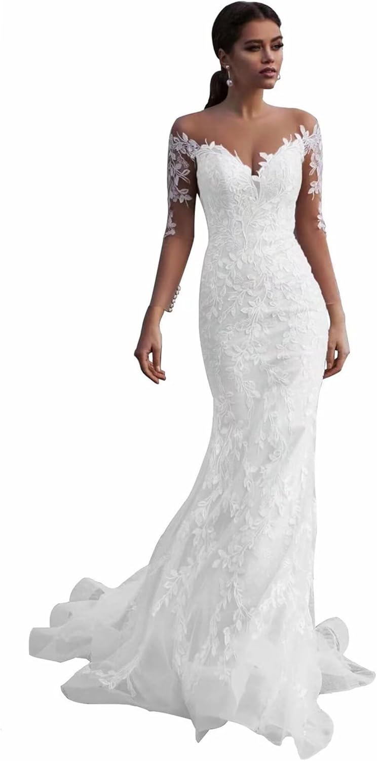 Lace Wedding Dresses for Bride Mermaid V Neck Boho Beach Bridal Gowns with Train BOF30