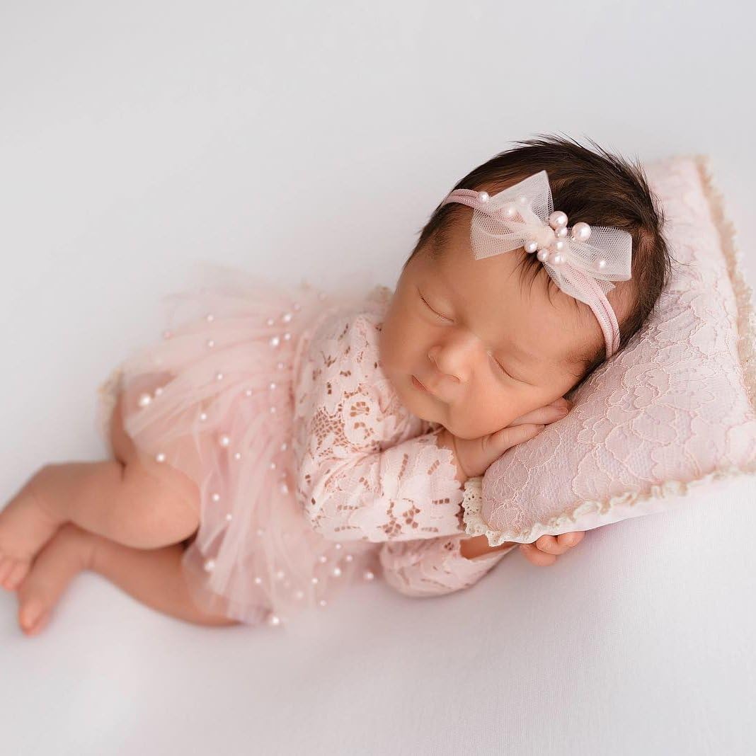 Newborn Lace Romper, 2 PCS Baby Girl Photography Props, Newborn Girl Photography Outfits with Flower Headband for Infants