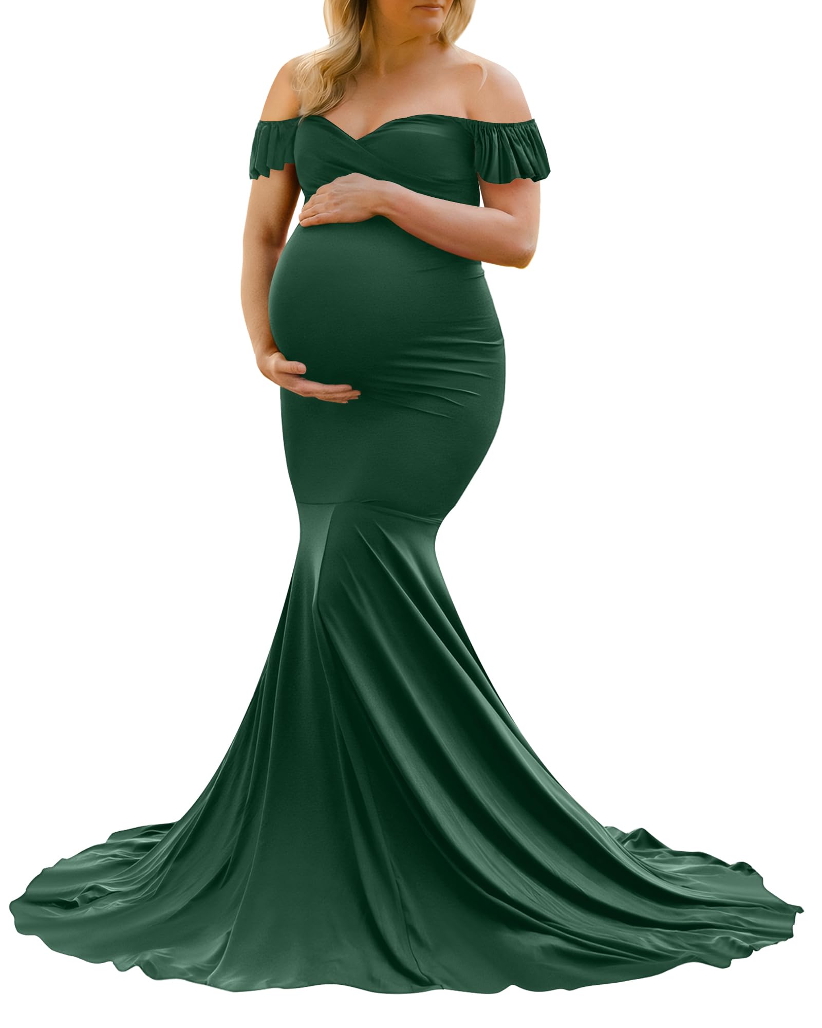 Saslax Off Shoulder Ruffle Sleeves Elegant Fitted Maxi Maternity Dress for Photoshoot Baby Shower