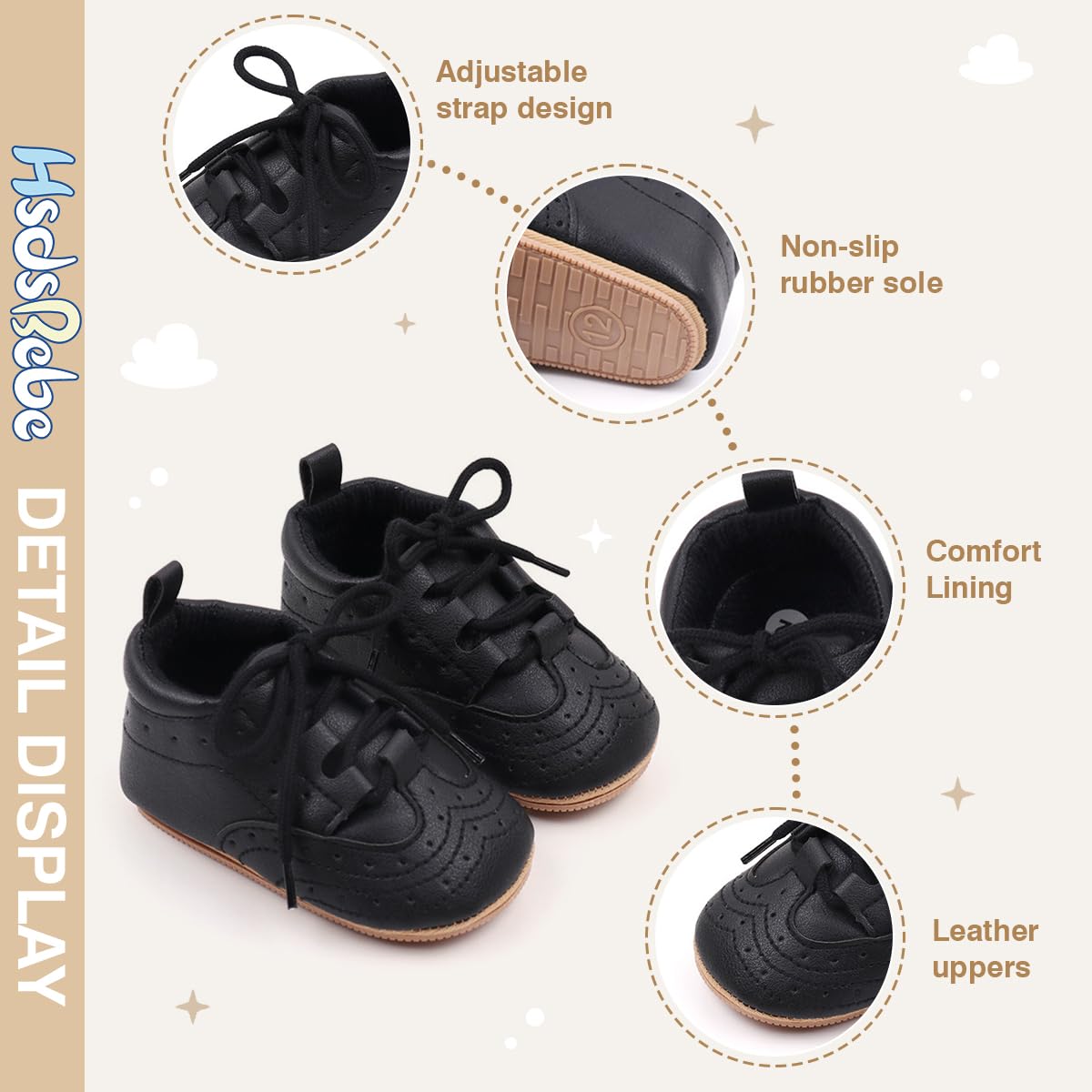 HsdsBebe Baby Boys Girls Oxford Shoes PU Leather Soft Rubber Sole Sneakers Anti-Slip Toddler Ankle Boots Infant Walking Shoes Moccasins