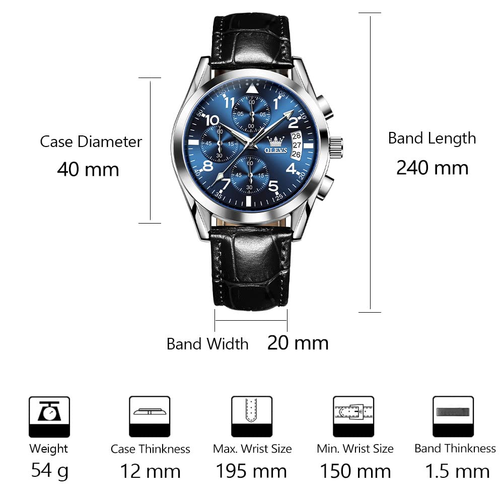 OLEVS Men's Casual Leather Watch, Big Face Chronograph Watch for Men, Fashion Easy to Read Dress Watch, Men's Waterproof Luminous Date Analog Watch, Gold/Black/White/Blue Dial